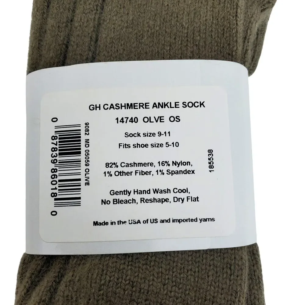 Soft Ribbed 82% Cashmere Ankle Socks Size 9-11 Warm Cozy Garnet Hill Olive Green